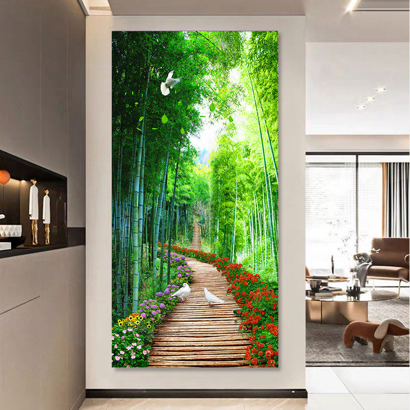自粘入户玄关装饰画3D立体高清走廊过道山水风景壁画墙贴壁纸竖版