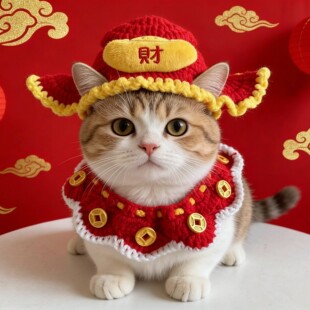 猫咪项圈财神帽子围脖套装新年装扮可爱毛线编织宠物饰品狗狗项圈
