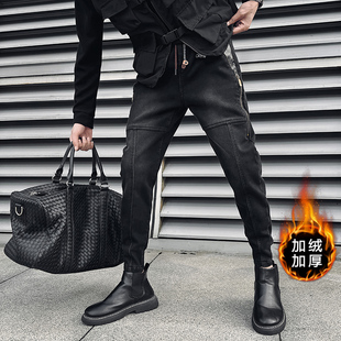 冬季牛仔裤男加绒加厚轻熟个性痞帅拼接拉链设计感修身小脚男裤
