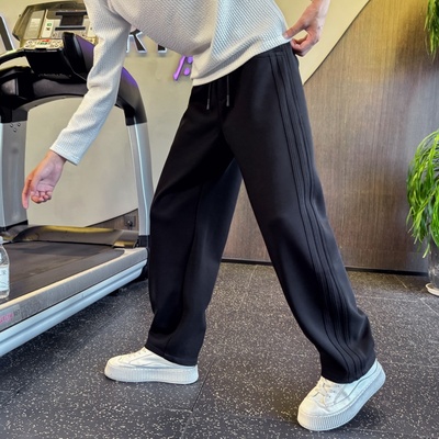 冬季宽松直筒休闲裤抽绳运动卫裤潮牌男裤条纹通勤风加绒加厚保暖