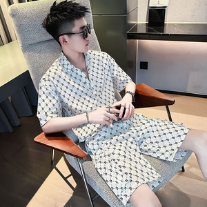 2023夏季潮牌休闲男装一整套时尚满印短袖衬衫潮男运动套装两件套