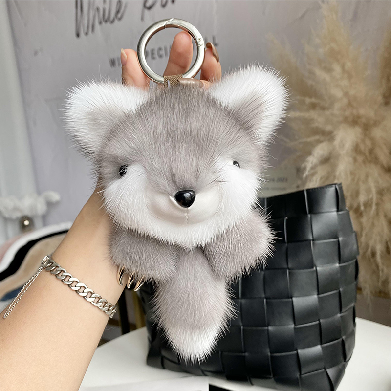 奢华进口水貂毛小狐狸钥匙扣包包挂件金属钢爪毛绒高级感生日礼物