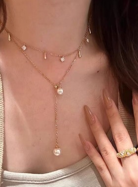 s925纯银珍珠吊坠锆石流苏项链夏天爆闪叠戴可抽拉感锁骨链