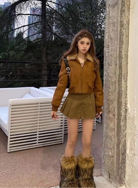 [BELLEVUE]富家千金羊羔毛领复古肌理麂皮棕色夹克外套女