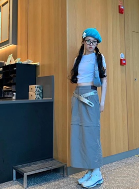 [BELLEVUE]清仓设计Bella同款灰色抽绳辣妹半身可拆两穿工装裙