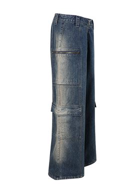 [BELLEVUE]DTHEREAL23SS新款大口袋复古洗水黄阔腿牛仔拖地长裤男