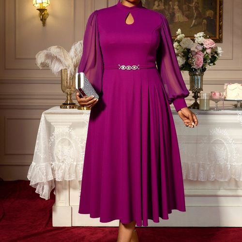Ladies' elegant purple mid length dress hollow evening gown