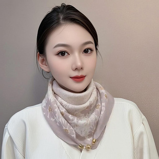 磁扣棉麻小方巾丝巾女春秋薄款百搭护颈领巾三角围巾夏季保暖围脖