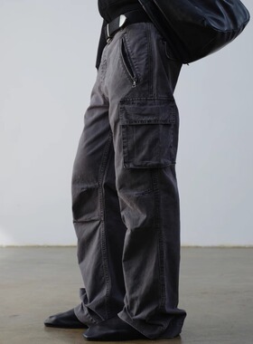 VLABMADE 成衣定染水泥灰斑驳水洗做旧宽大裤脚微喇双拉链工装裤