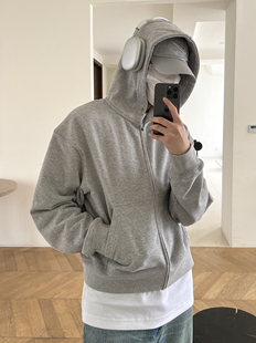 VLABMADE 宽松基础纯色中性落肩连帽拉链轻抓绒卫衣 boxy廓形短款