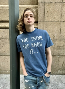 VLABMADE *懂哥T恤*水洗蓝slogan斑驳感标语印花复古短宽Boxy短袖