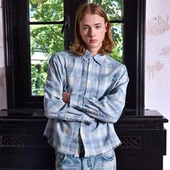 VLABMADE fit Clean 渲染蓝白色格纹水洗做旧破坏流苏翻领长袖 衬衫