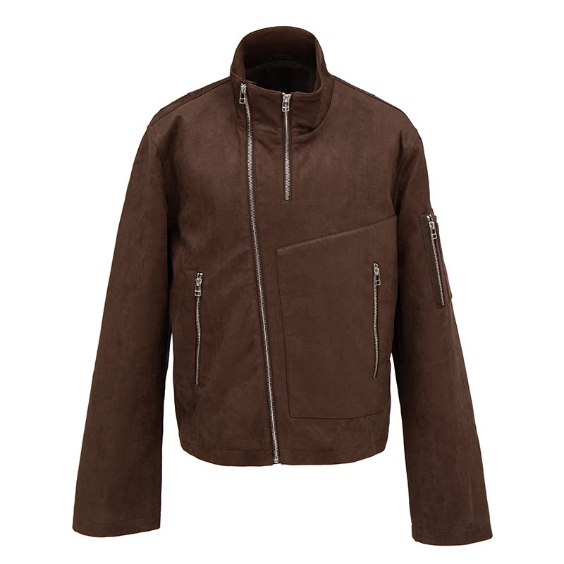 thumbnail for VLABMADE *Multiple Ways to Wear* Delicate Suede Vintage Premium Stand Collar Cropped Multi-Zip Cargo Jacket