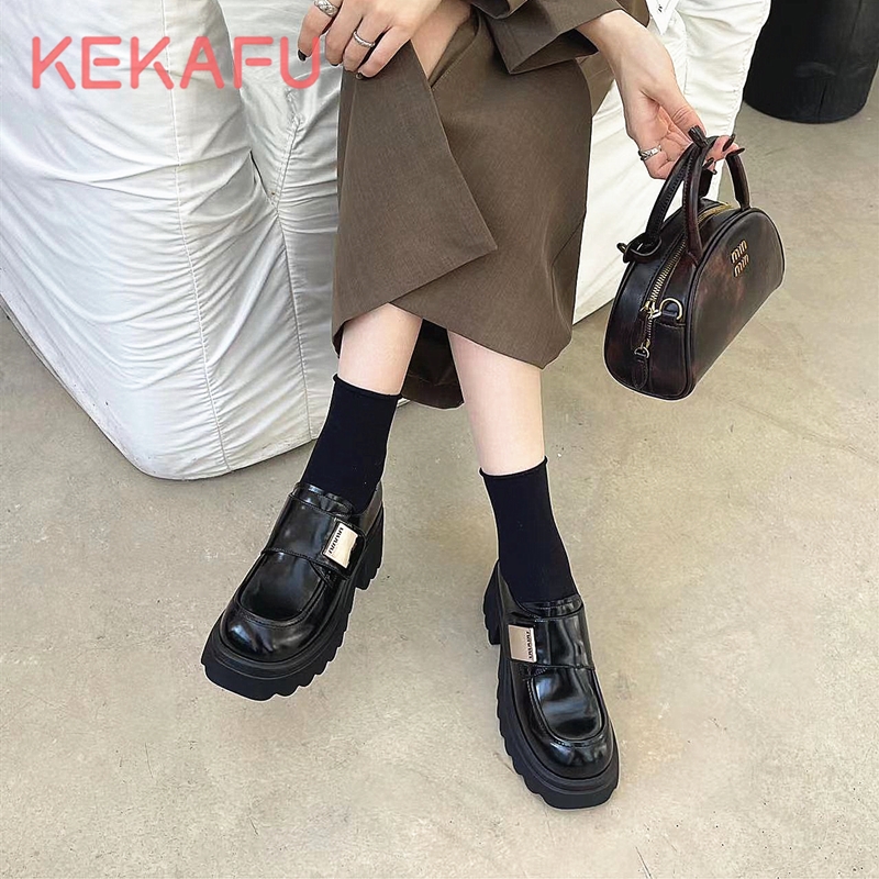 珂卡芙粗跟乐福鞋女2024年春季新款厚底魔术贴英伦风百搭小皮鞋潮