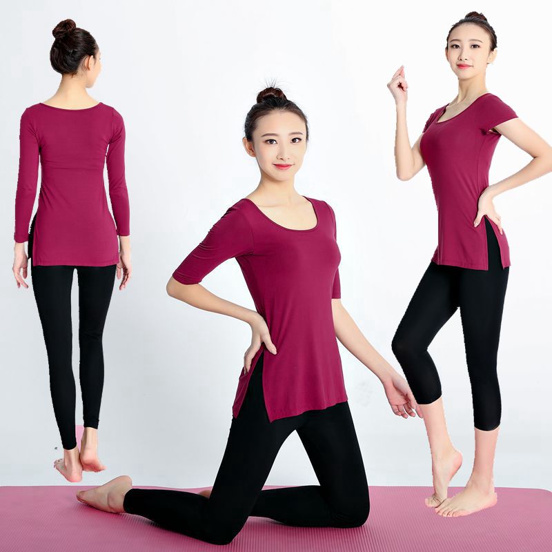 新款舞蹈服练功瑜伽服女开叉上衣中长袖上装健身运动服莫代尔套装