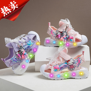 儿童包头凉鞋女童夏季薄款鞋子卡通猫咪发光鞋粉色好看亮灯运动鞋