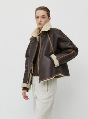 韩国正品棕色羊羔毛皮夹克皮毛一体翻领机车皮衣夹克女外套OT001