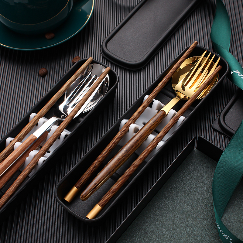 餐具木质筷子勺子套装学生上班族餐具盒便携式金色叉子三件套户外