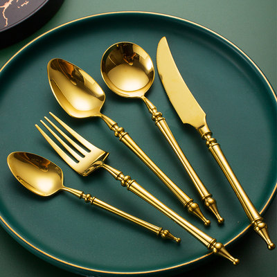 复古西餐具304不锈钢刀叉套装皇冠餐具家用金色牛排刀叉勺三件套
