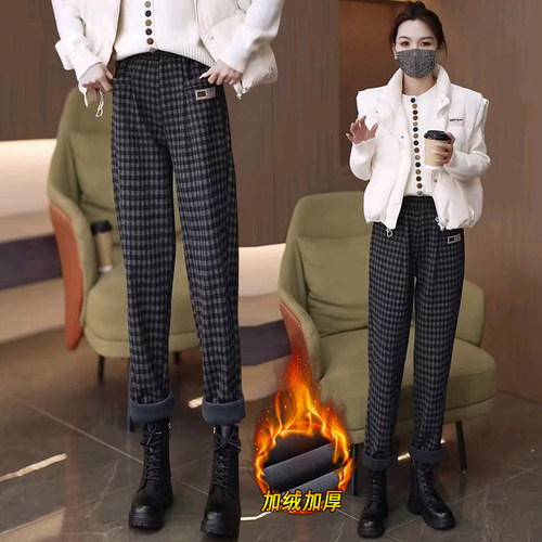 加绒加厚毛呢格子哈伦裤女2025秋冬新款小脚裤高腰显瘦休闲女裤子