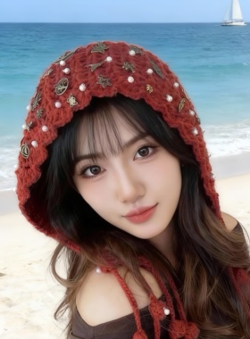 小众crocheted hat手工钩织DIY毛线帽子镂空包头水母帽女团民族风