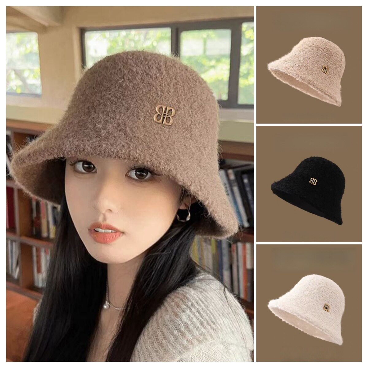 渔夫帽精致羊羔绒帽子女秋冬季大头围毛绒韩版针织百搭保暖盆帽