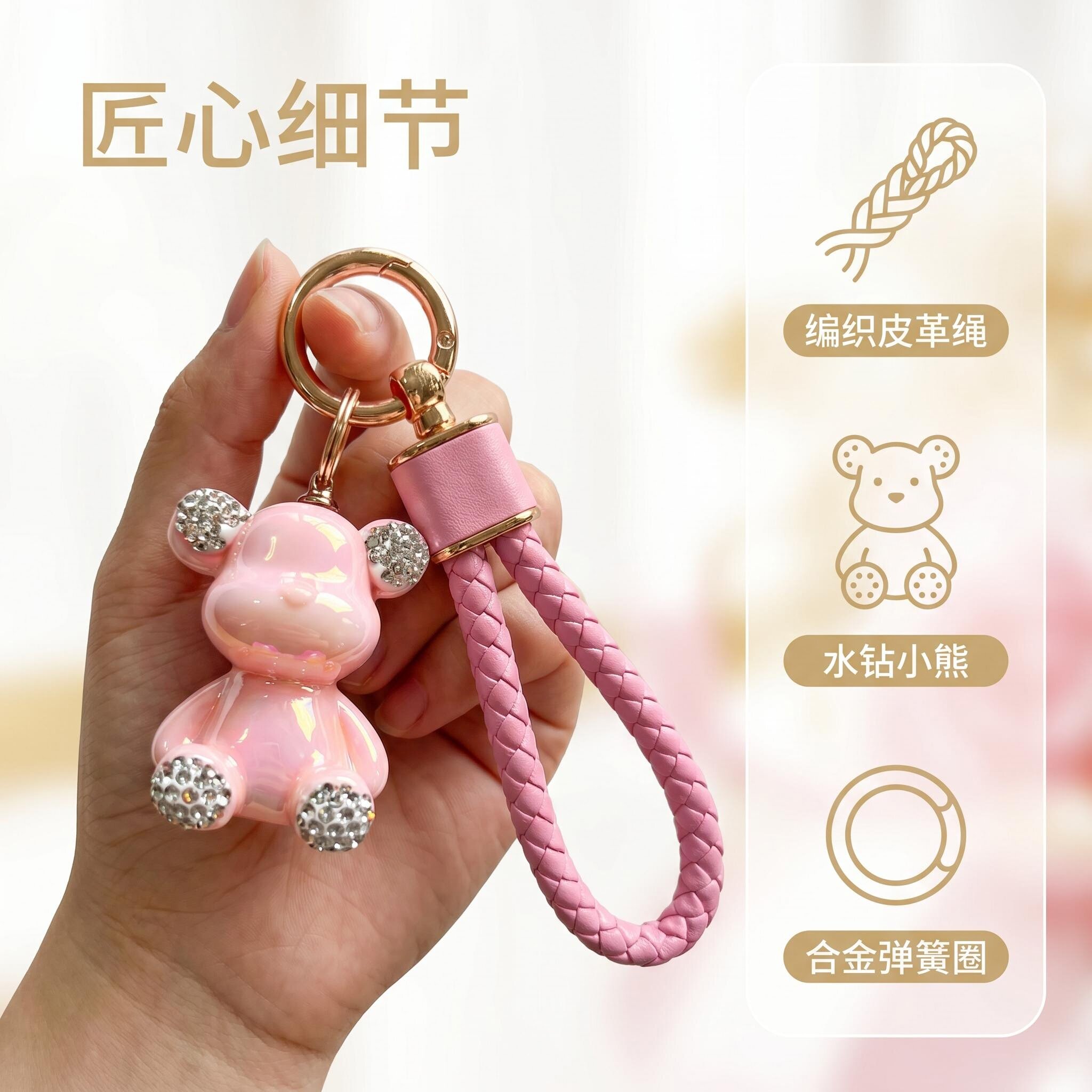创意高级小熊钥匙扣手工编织皮绳汽车钥匙扣时尚包包挂件送礼首选