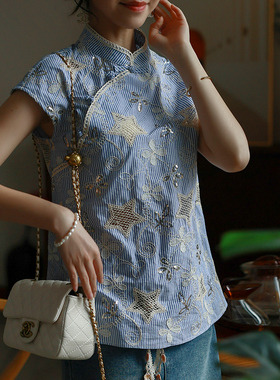 江南范新中式轻国风改良唐装上衣夏蓝色斜襟复古短袖年轻款小衫