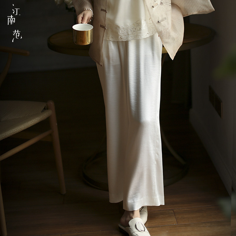 江南范白色国风改良版唐装旗袍裤子小个子松紧腰阔腿裤日常垂感