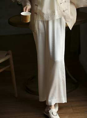 江南范白色国风改良版唐装旗袍裤子小个子松紧腰阔腿裤日常垂感