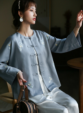 江南范蓝色刺绣外套复古早春新中式国风盘扣唐装开衫外搭上衣秋