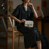 上衣夏年轻气质轻奢外套半裙套装 江南范黑色真丝轻中式 改良唐装