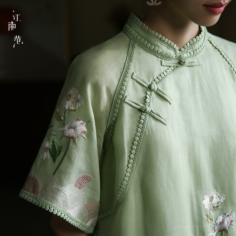 江南范新中式中袖刺绣苎麻旗袍裙子现代风年轻款清新淡雅国风复古