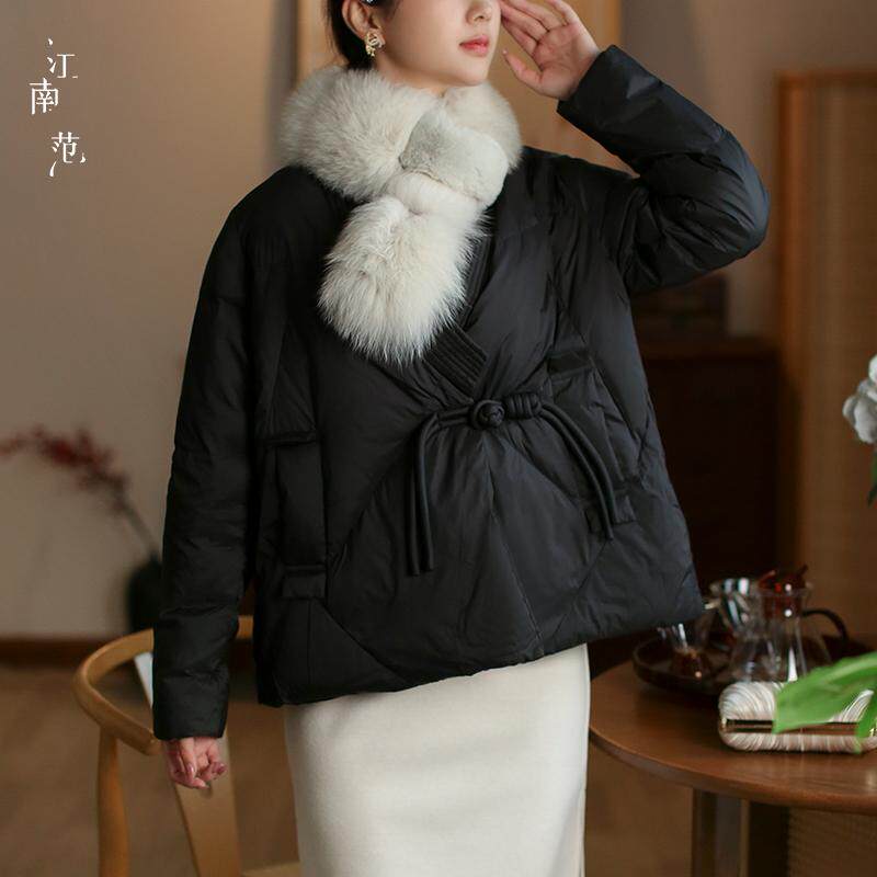 江南范新中式黑色改良版羽绒服V领外套轻国风冬保暖加厚百搭唐装
