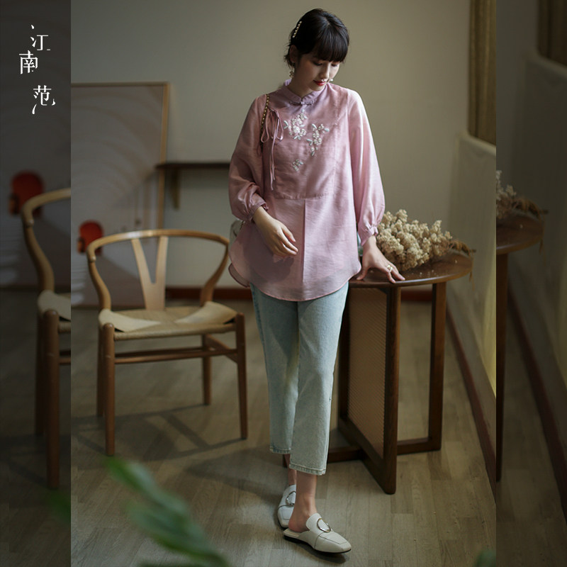 江南范搭配唐装汉服旗袍上衣的裤子直筒开叉牛仔裤浅蓝色水洗百搭