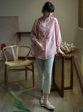 江南范搭配唐装汉服旗袍上衣的裤子直筒开叉牛仔裤浅蓝色水洗百搭