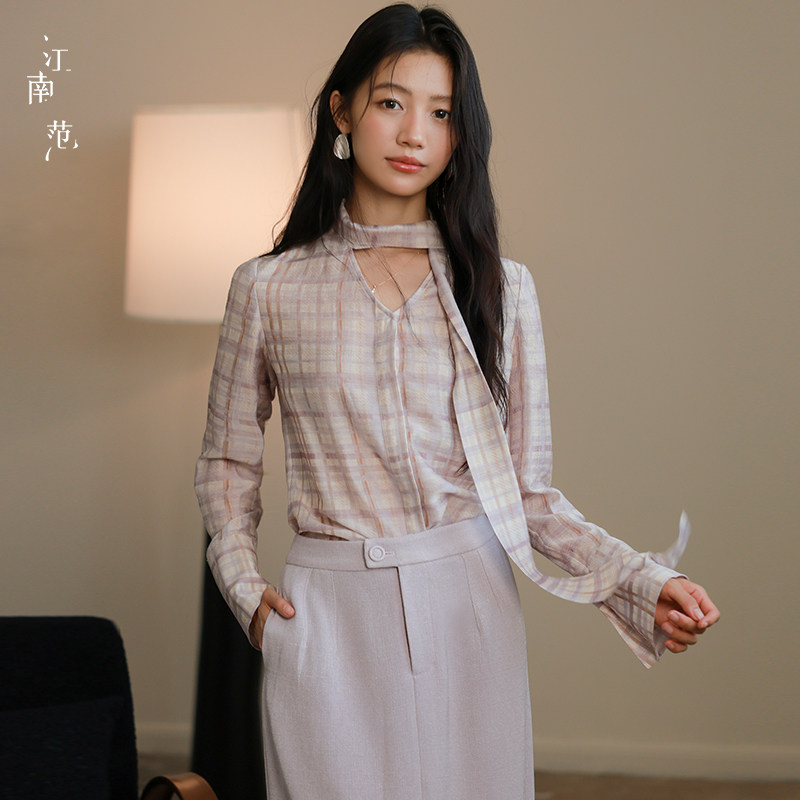 【新品】江南范通勤风格子衬衫女长袖飘带V领显瘦百搭气质上衣