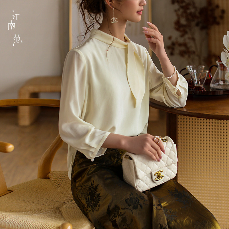 江南范轻中式真丝上衣七分袖圆领套头通勤风高级感温柔中式风衬衫