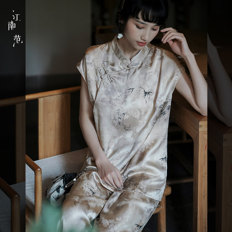 江南范人丝蝴蝶提花复古国风改良短袖旗袍上衣2024夏气质盘扣小衫
