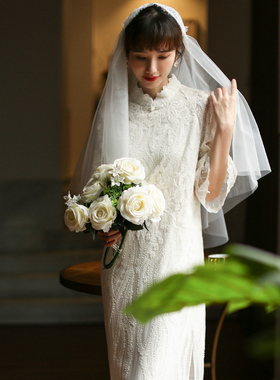 江南范中式白色蕾丝领证旗袍改良版年轻款敬酒服新娘订婚连衣裙夏