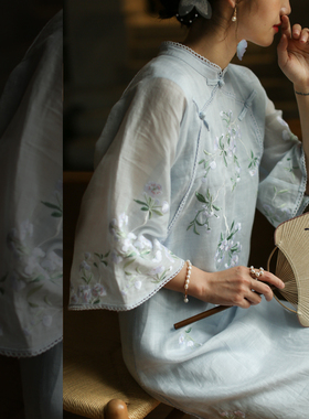 江南范素雅绣花古法改良版麻料旗袍年轻款小清新连衣裙日常可穿夏