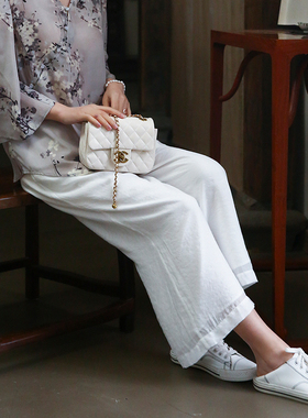 江南范新中式丝绵白色阔腿女夏九分薄款宽松裤配旗袍汉服上衣的裤