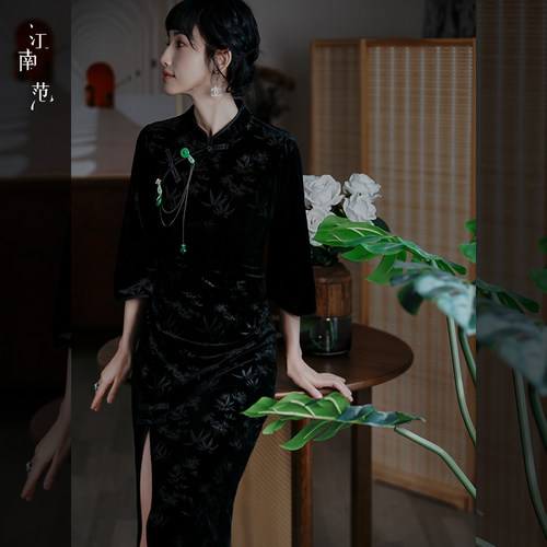 江南范黑色改良版复古旗袍