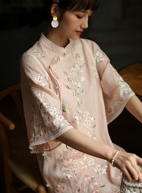 江南范粉色系带麻料倒大袖旗袍改良汉服夏季年轻款清新中高考送考