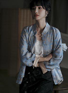 江南范蓝底缎面唐装开衫配旗袍的外披外搭改良中式上衣外套百搭秋