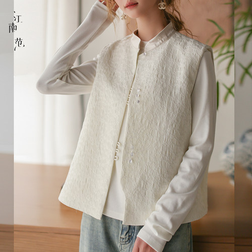 江南范新中式米白改良中式唐装马甲背心时尚百搭上衣立领小衫年轻