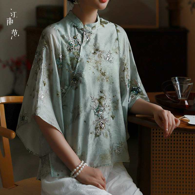 江南范新中式轻国风改良唐装上衣夏立领镶钻重工年轻款日常穿小衫