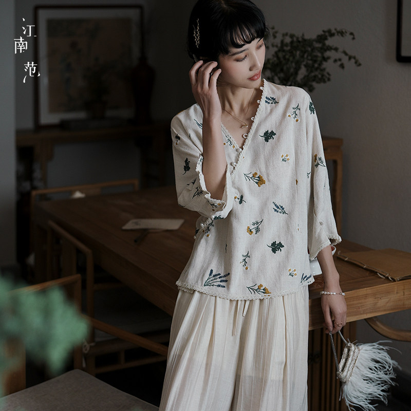江南范新式改良版汉服刺绣V领旗袍唐装上衣女中国风年轻款小衫夏