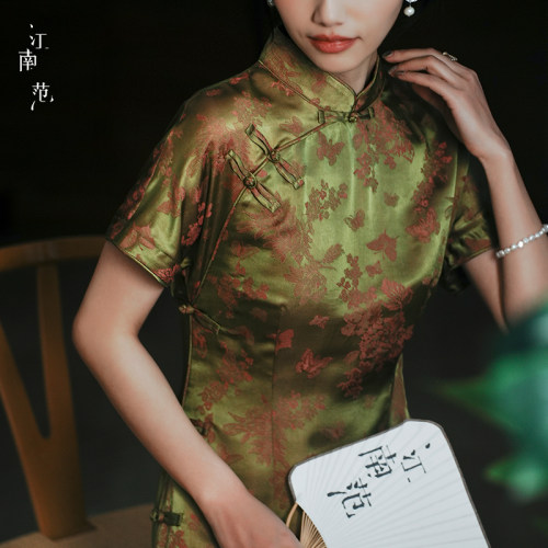 江南范绿色提花改良旗袍2024夏新中式民国风女装中高考送考日常