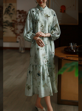 江南范新式轻国风改良旗袍夏斜襟复古优雅气质年轻款日常穿长裙